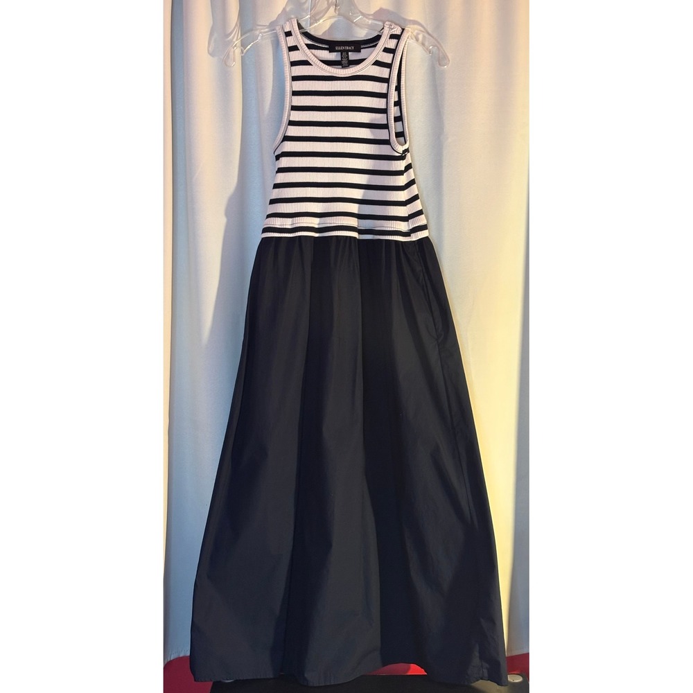 Ellen Tracy Navy White Striped Maxi Dress Sleeveless Nautical ETWS5166 Pockets